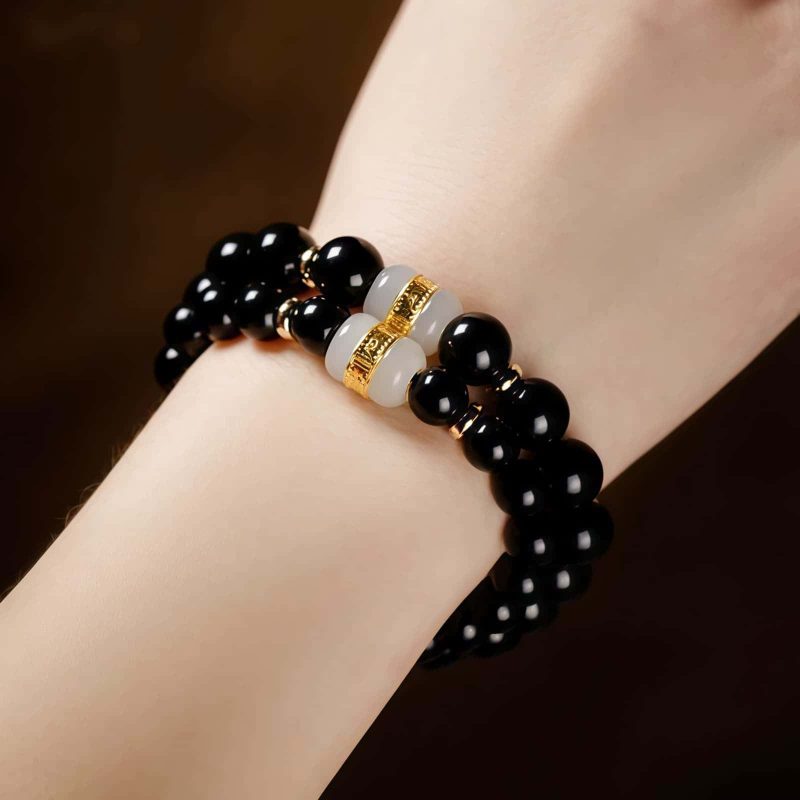 Pulseira Tibetana de Obsidiana Negra Om Mani Padme Hum Tibetan Black Obsidian Om Mani Padme Hum Bracelet