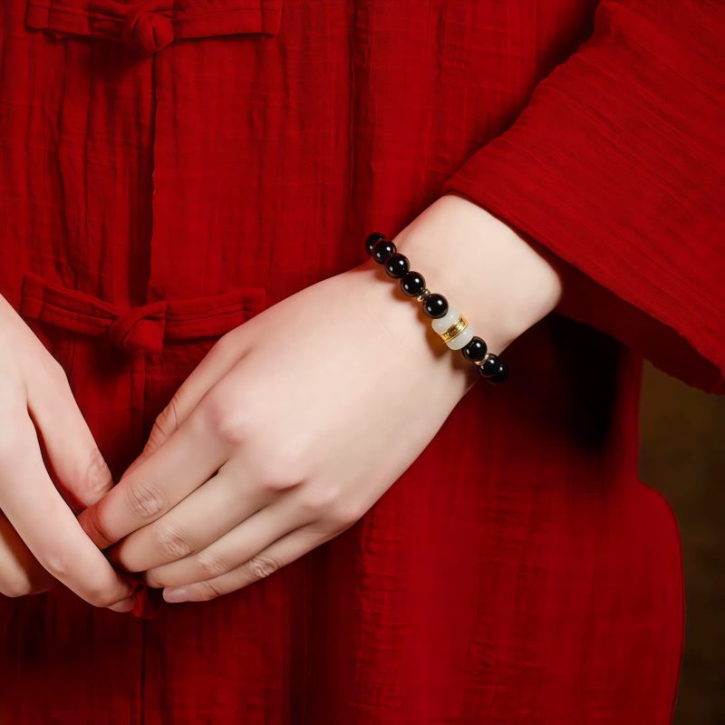 Pulseira Tibetana de Obsidiana Negra Om Mani Padme Hum Tibetan Black Obsidian Om Mani Padme Hum Bracelet