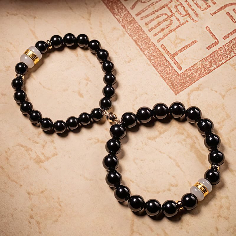 Pulseira Tibetana de Obsidiana Negra Om Mani Padme Hum Tibetan Black Obsidian Om Mani Padme Hum Bracelet