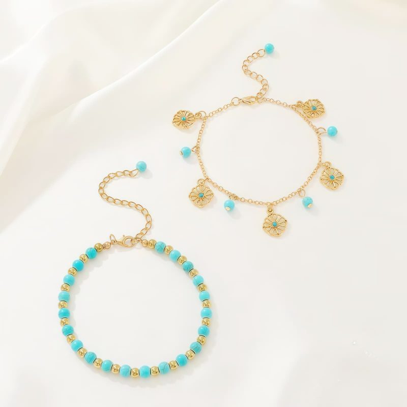 Juego de Joyería de Protección con Flor de Turquesa Tibetana Tibetan Turquoise Protection Flower Jewelry Set