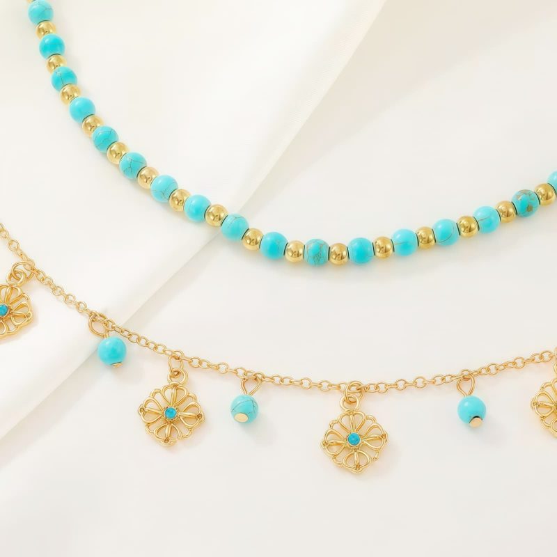 Juego de Joyería de Protección con Flor de Turquesa Tibetana Tibetan Turquoise Protection Flower Jewelry Set