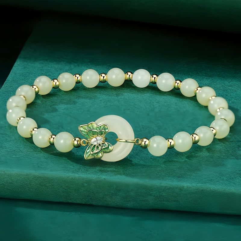 سوار يد من الفضة عيار 925 مع فراشة من حجر هيتيان اليشمي 925 Silver Hetian Jade Butterfly Bracelet
