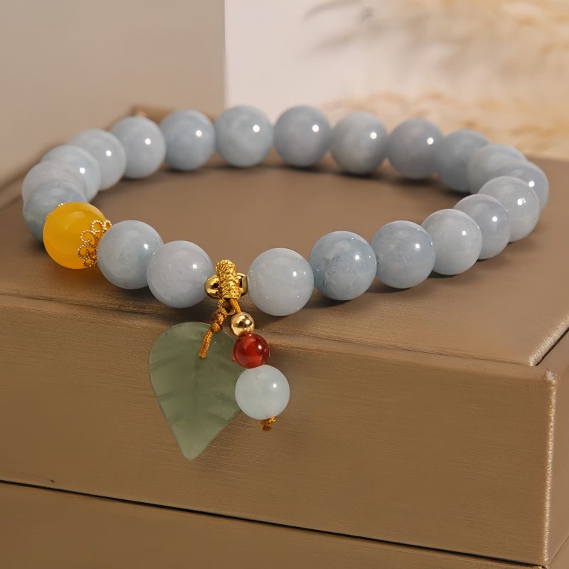 Pulseira Curativa de Jade e Água-Marinha com Folha Aquamarine Jade Leaf Healing Bracelet