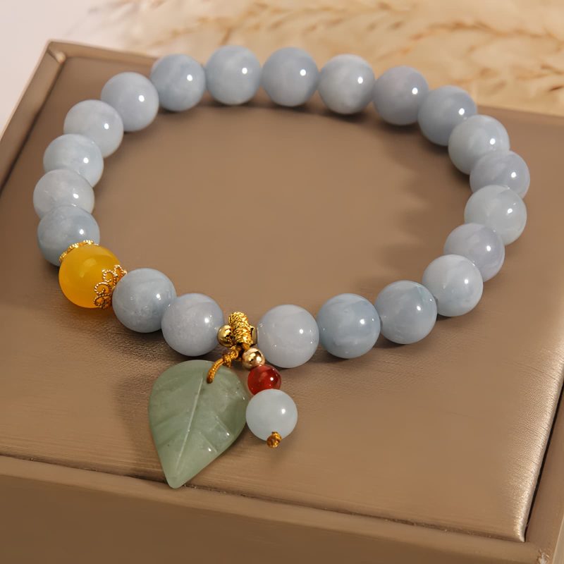 Pulseira Curativa de Jade e Água-Marinha com Folha Aquamarine Jade Leaf Healing Bracelet