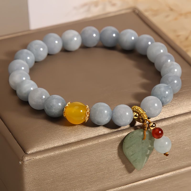 Pulseira Curativa de Jade e Água-Marinha com Folha Aquamarine Jade Leaf Healing Bracelet