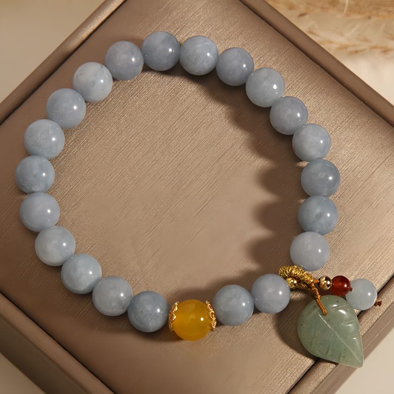 Pulseira Curativa de Jade e Água-Marinha com Folha Aquamarine Jade Leaf Healing Bracelet