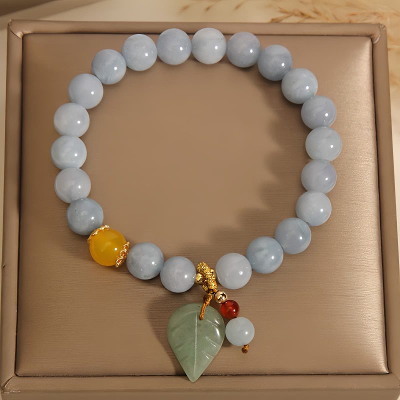 Pulseira Curativa de Jade e Água-Marinha com Folha Aquamarine Jade Leaf Healing Bracelet