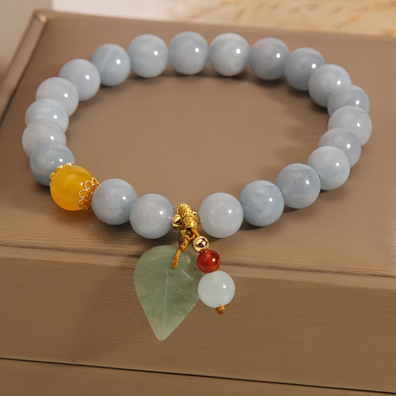 Pulseira Curativa de Jade e Água-Marinha com Folha Aquamarine Jade Leaf Healing Bracelet