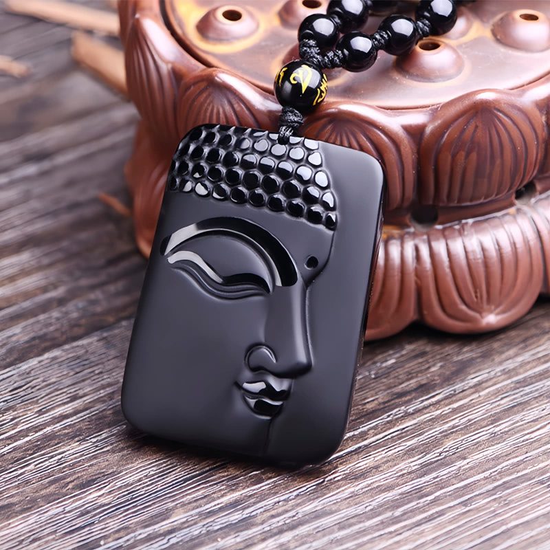 Collar con dije de Buda de Obsidiana Negra Natural Natural Black Obsidian Buddha Pendant Necklace