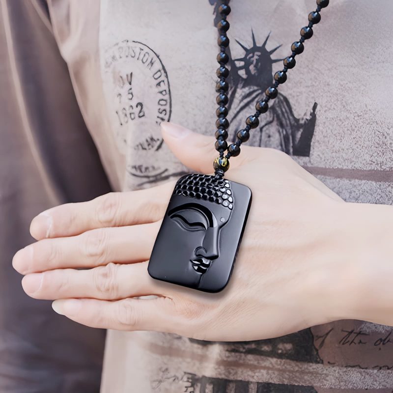 Collar con dije de Buda de Obsidiana Negra Natural Natural Black Obsidian Buddha Pendant Necklace