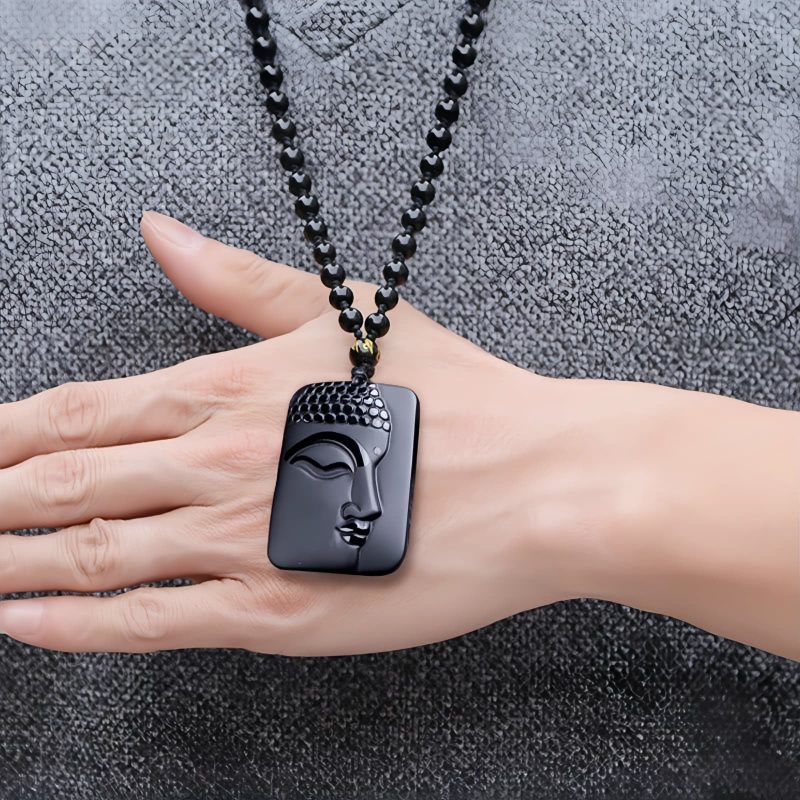 Collar con dije de Buda de Obsidiana Negra Natural Natural Black Obsidian Buddha Pendant Necklace