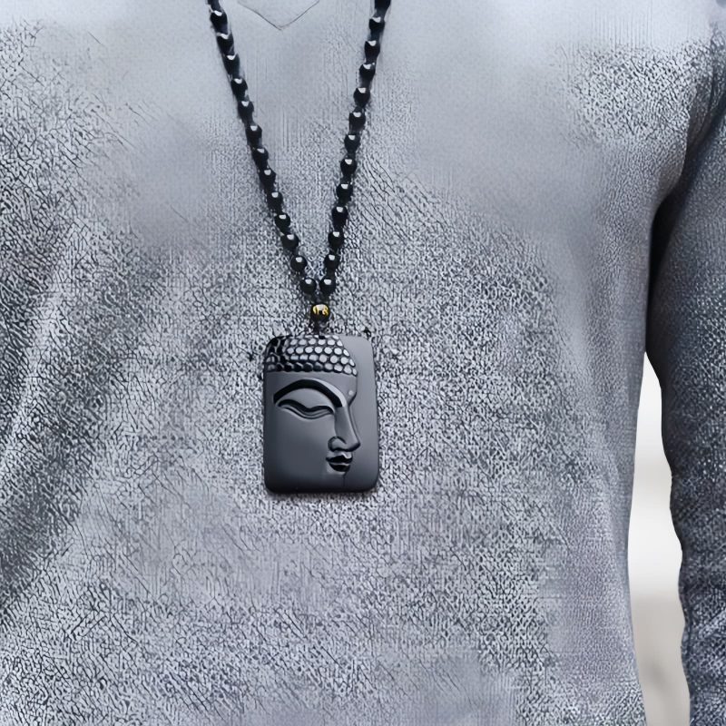 Collar con dije de Buda de Obsidiana Negra Natural Natural Black Obsidian Buddha Pendant Necklace