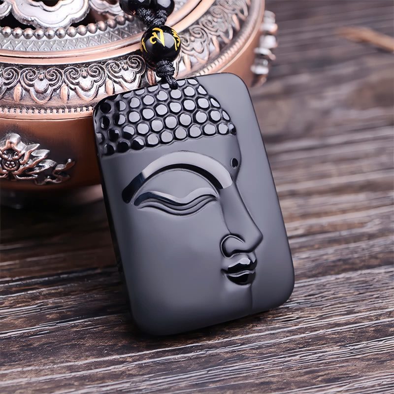 Collar con dije de Buda de Obsidiana Negra Natural Natural Black Obsidian Buddha Pendant Necklace