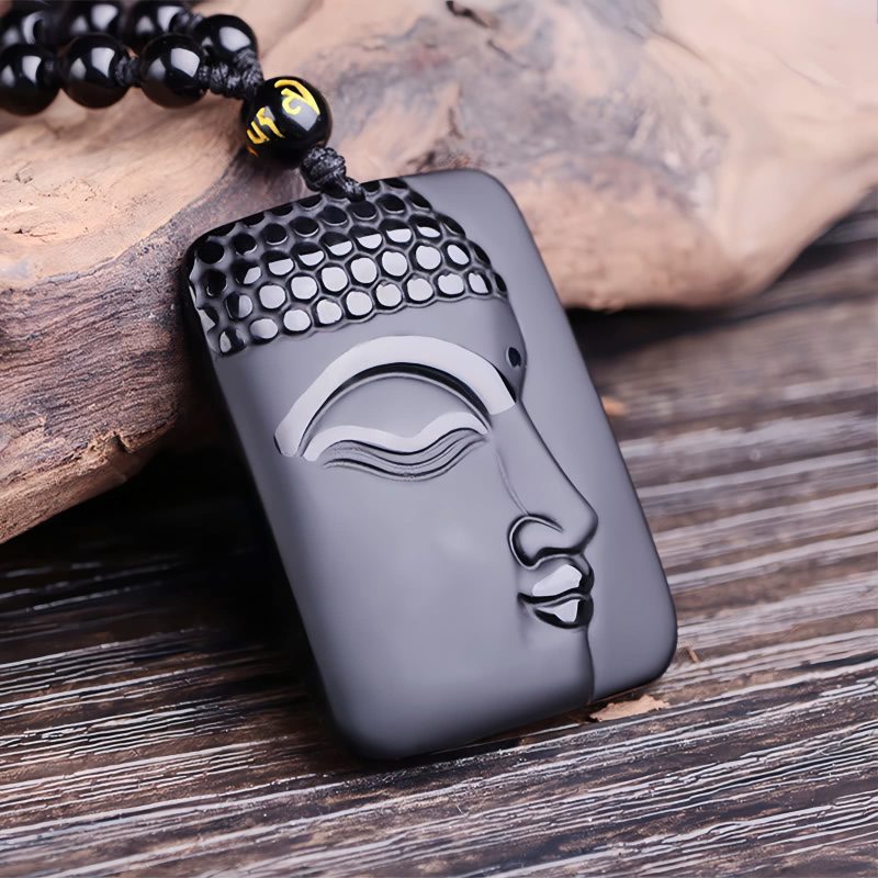 Collar con dije de Buda de Obsidiana Negra Natural Natural Black Obsidian Buddha Pendant Necklace