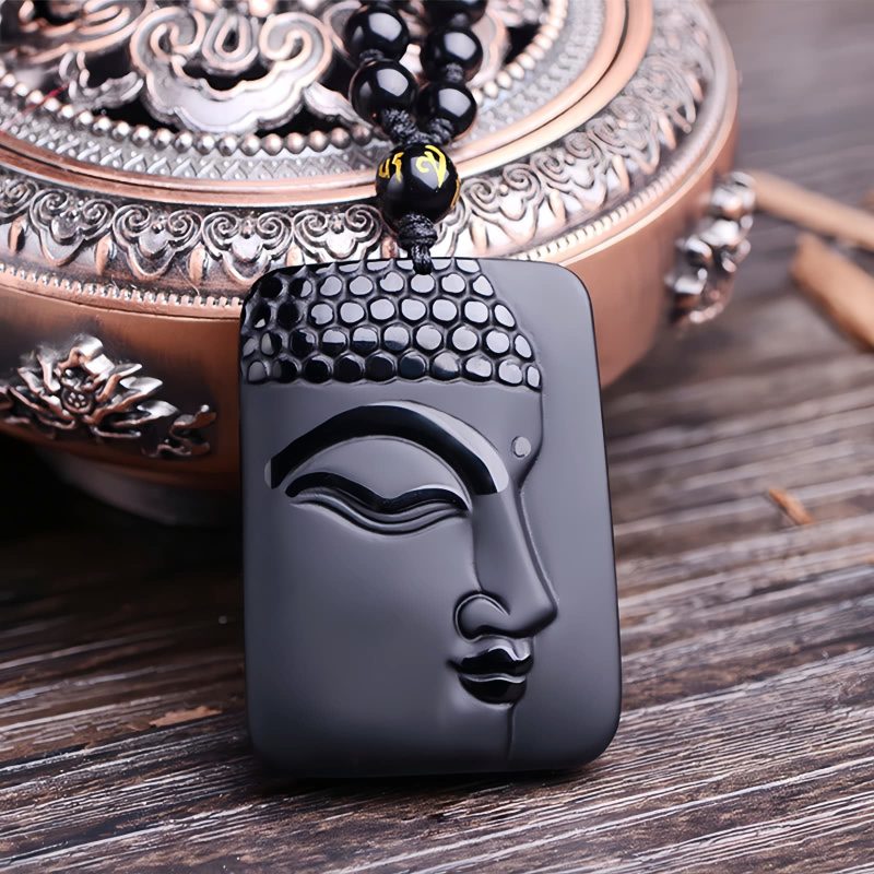 Collar con dije de Buda de Obsidiana Negra Natural Natural Black Obsidian Buddha Pendant Necklace