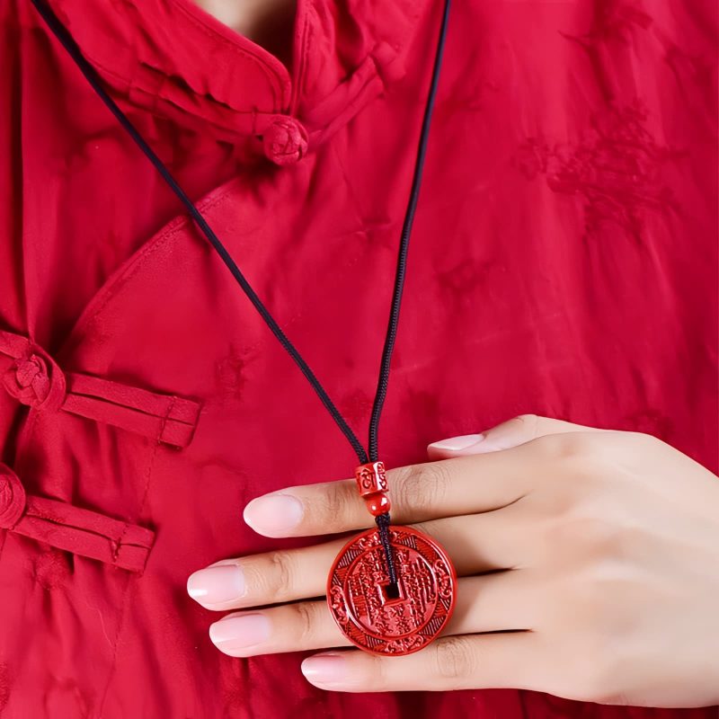 Colar Pingente Natural de Cinábrio com Bênção Baguá Natural Cinnabar Bagua Blessing Pendant Necklace