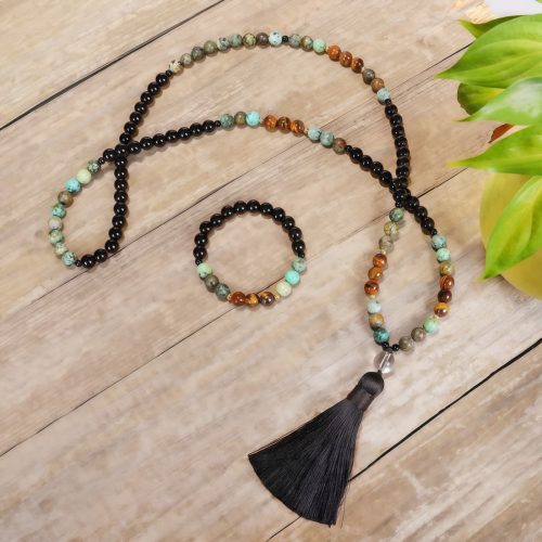 Pulsera Mala de Ojo de Tigre y Turquesa para la Fuerza y la Protección Pulsera Mala de Ojo de Tigre y Turquesa para la Fuerza y la Protección