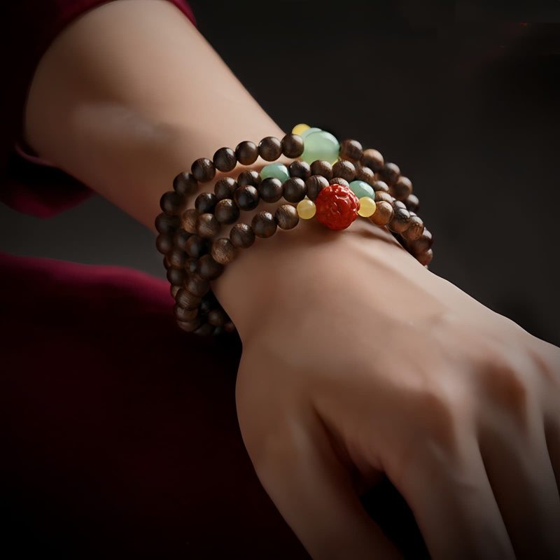 سوار توازن خرز مالا 108 من عود كاليمنتان وعنبر 108 Mala Beads Agarwood Amber Balance Bracelet
