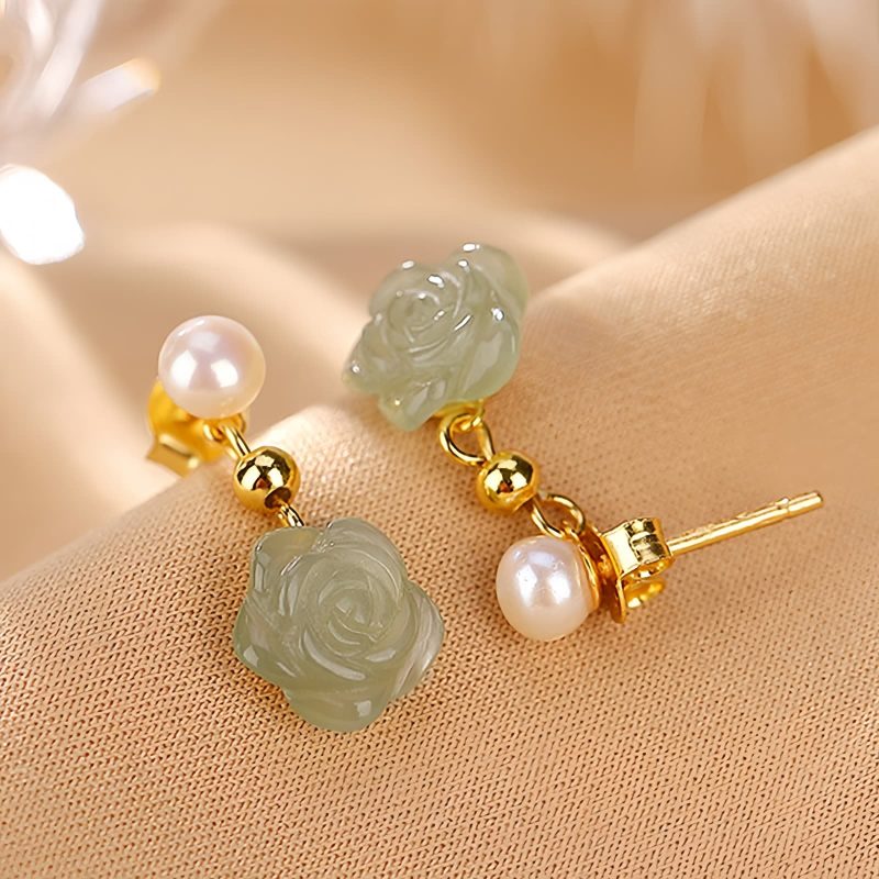 Aretes de Flor de Jade con baño de Oro en Plata 925 925 Silver Plated Gold Jade Flower Earrings