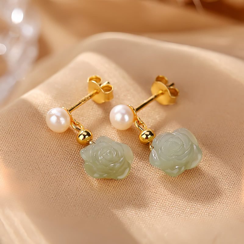 Aretes de Flor de Jade con baño de Oro en Plata 925 925 Silver Plated Gold Jade Flower Earrings