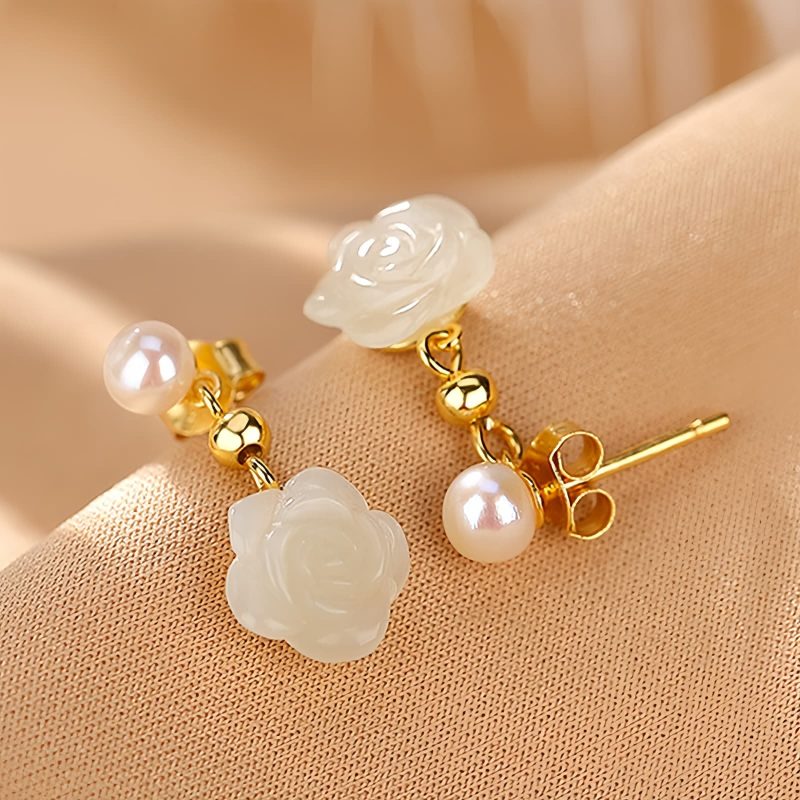 Aretes de Flor de Jade con baño de Oro en Plata 925 925 Silver Plated Gold Jade Flower Earrings
