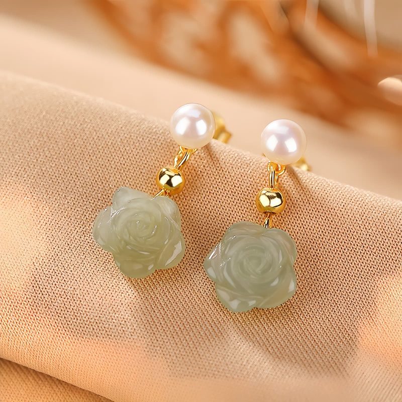 Aretes de Flor de Jade con baño de Oro en Plata 925 925 Silver Plated Gold Jade Flower Earrings