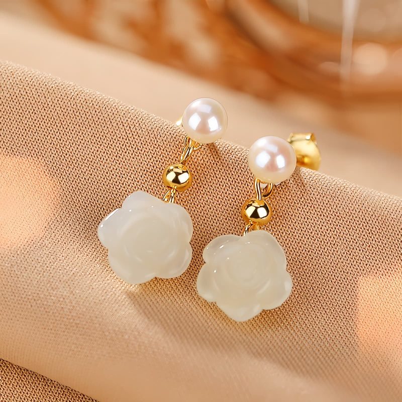 Aretes de Flor de Jade con baño de Oro en Plata 925 925 Silver Plated Gold Jade Flower Earrings