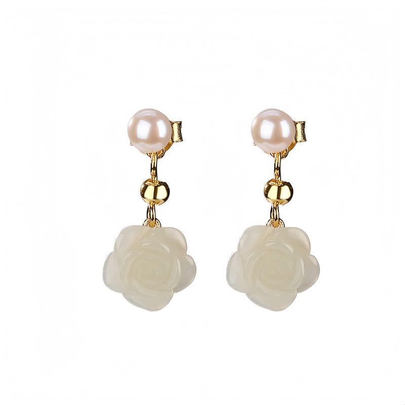 Aretes de Flor de Jade con baño de Oro en Plata 925 925 Silver Plated Gold Jade Flower Earrings