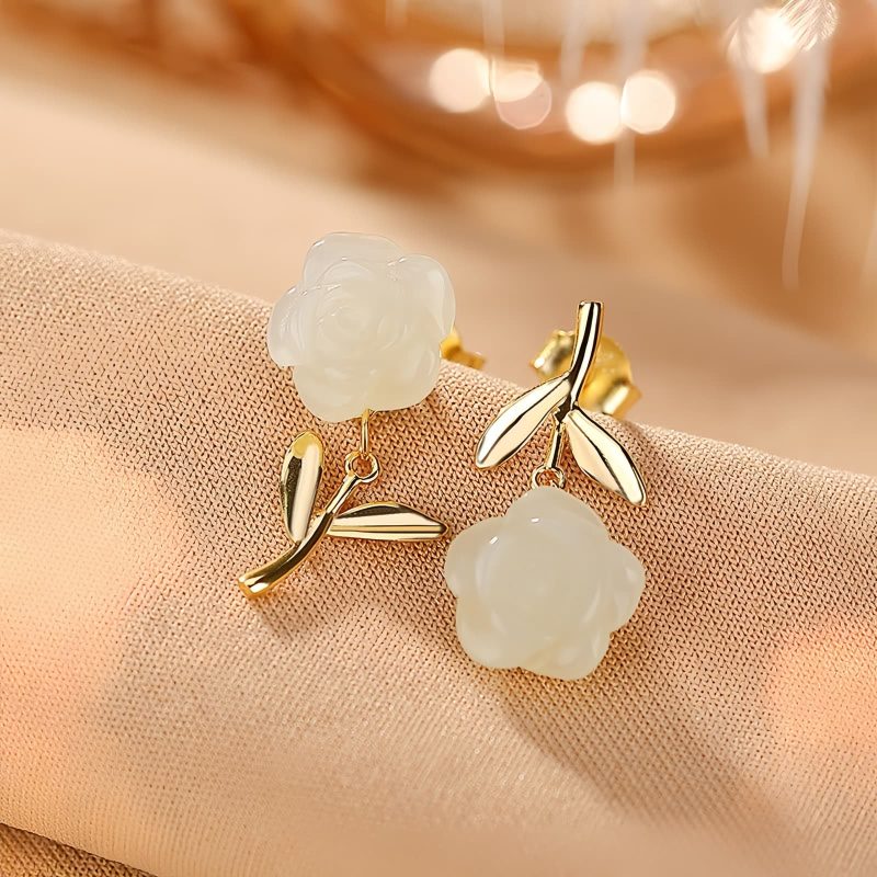 Aretes de Flor de Jade con baño de Oro en Plata 925 925 Silver Plated Gold Jade Flower Earrings