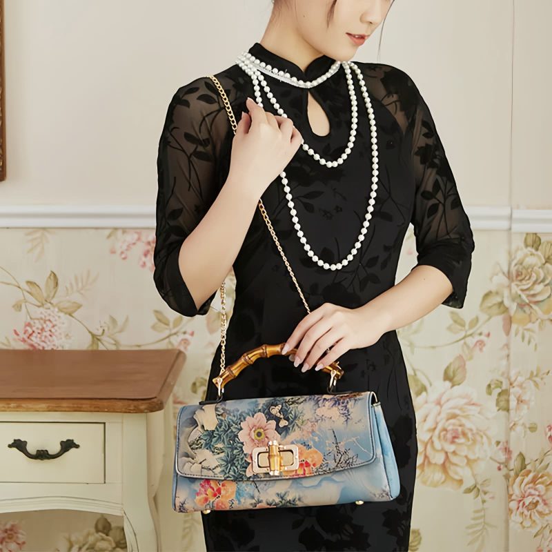 Bolso bandolera con asa de bambú y estampado floral Flower Pattern Bamboo Handle Crossbody Bag