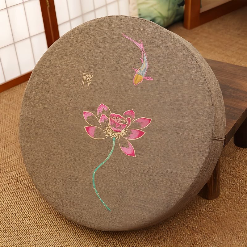 Cojín de meditación de algodón y lino con bordado de loto Lotus Embroidery Cotton Linen Meditation Cushion