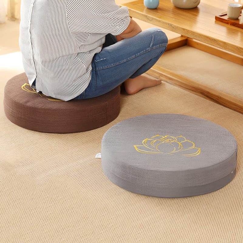 Cojín de meditación de algodón y lino con bordado de loto Lotus Embroidery Cotton Linen Meditation Cushion
