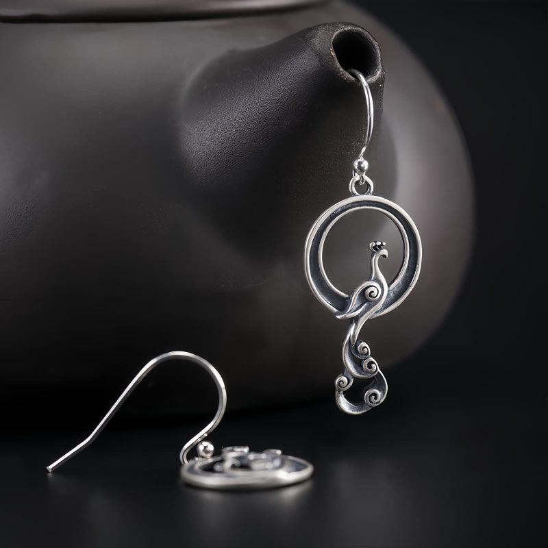 Aretes de Pavo Real Asimétricos en Plata 925 925 Silver Asymmetric Peacock Earrings