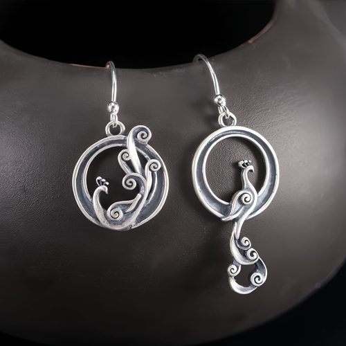 Aretes de Pavo Real Asimétricos en Plata 925 Aretes de Pavo Real Asimétricos en Plata 925