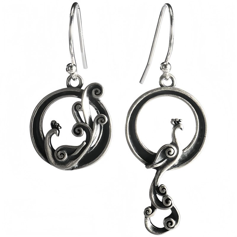 Aretes de Pavo Real Asimétricos en Plata 925 925 Silver Asymmetric Peacock Earrings