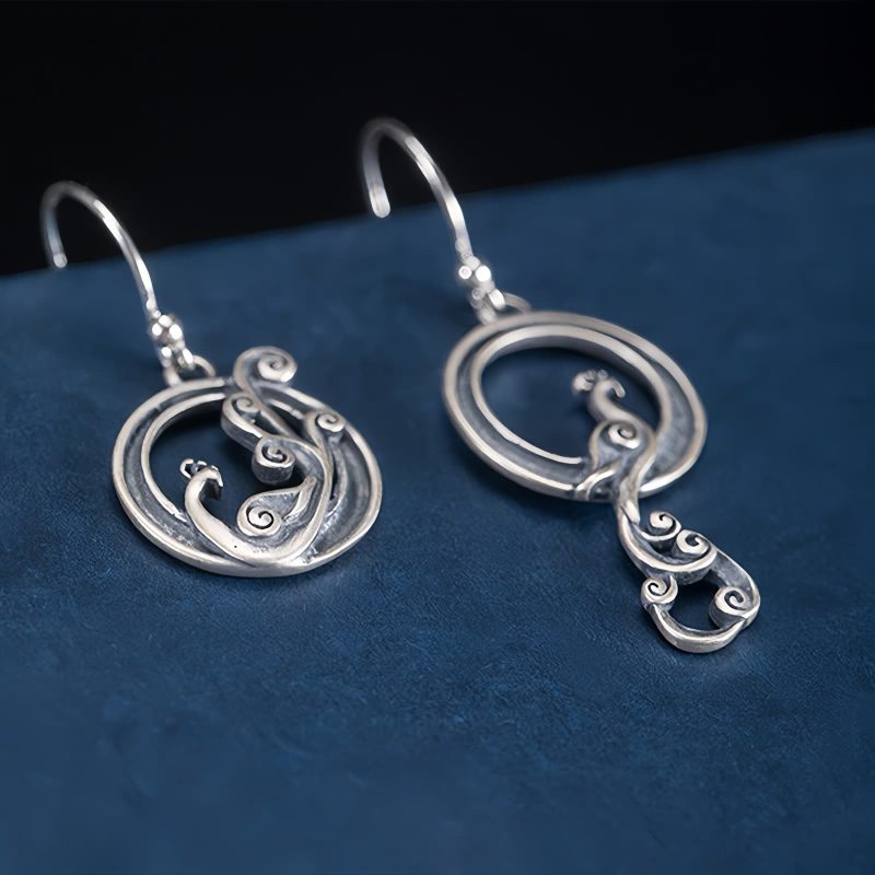 Aretes de Pavo Real Asimétricos en Plata 925 925 Silver Asymmetric Peacock Earrings