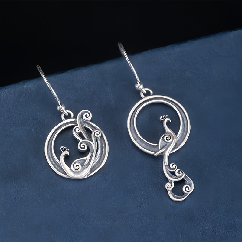 Aretes de Pavo Real Asimétricos en Plata 925 925 Silver Asymmetric Peacock Earrings