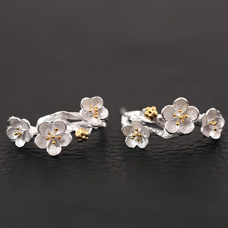 Aretes de Flor de Ciruelo de Plata 925 925 Silver Plum Blossom Blessing Earrings