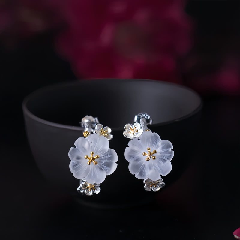 Aretes de Flor de Ciruelo de Plata 925 925 Silver Plum Blossom Blessing Earrings