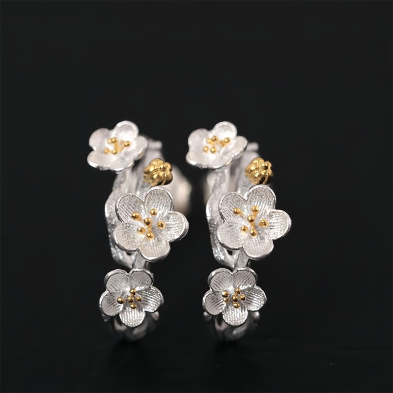 Aretes de Flor de Ciruelo de Plata 925 925 Silver Plum Blossom Blessing Earrings