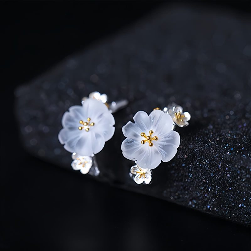 Aretes de Flor de Ciruelo de Plata 925 925 Silver Plum Blossom Blessing Earrings