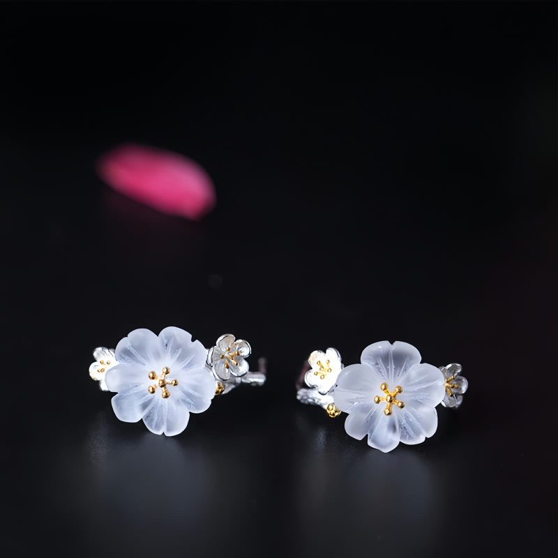 Aretes de Flor de Ciruelo de Plata 925 925 Silver Plum Blossom Blessing Earrings