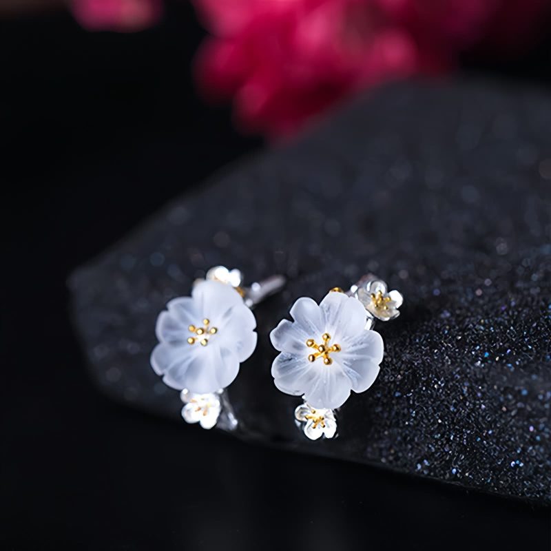 Aretes de Flor de Ciruelo de Plata 925 925 Silver Plum Blossom Blessing Earrings