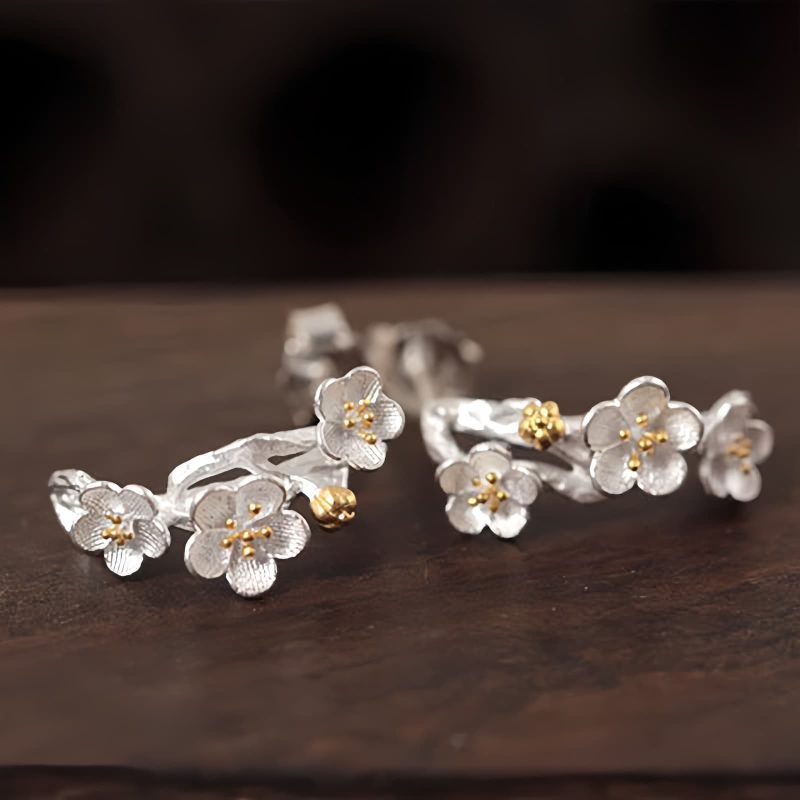 Aretes de Flor de Ciruelo de Plata 925 925 Silver Plum Blossom Blessing Earrings