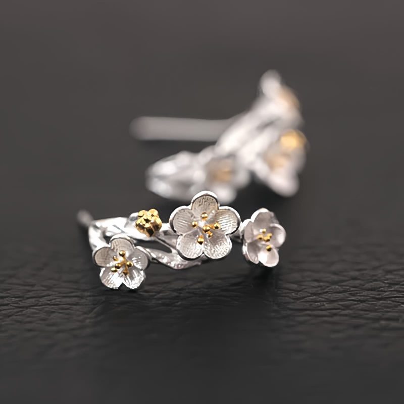 Aretes de Flor de Ciruelo de Plata 925 925 Silver Plum Blossom Blessing Earrings