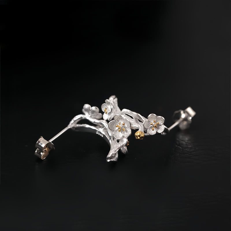 Aretes de Flor de Ciruelo de Plata 925 925 Silver Plum Blossom Blessing Earrings