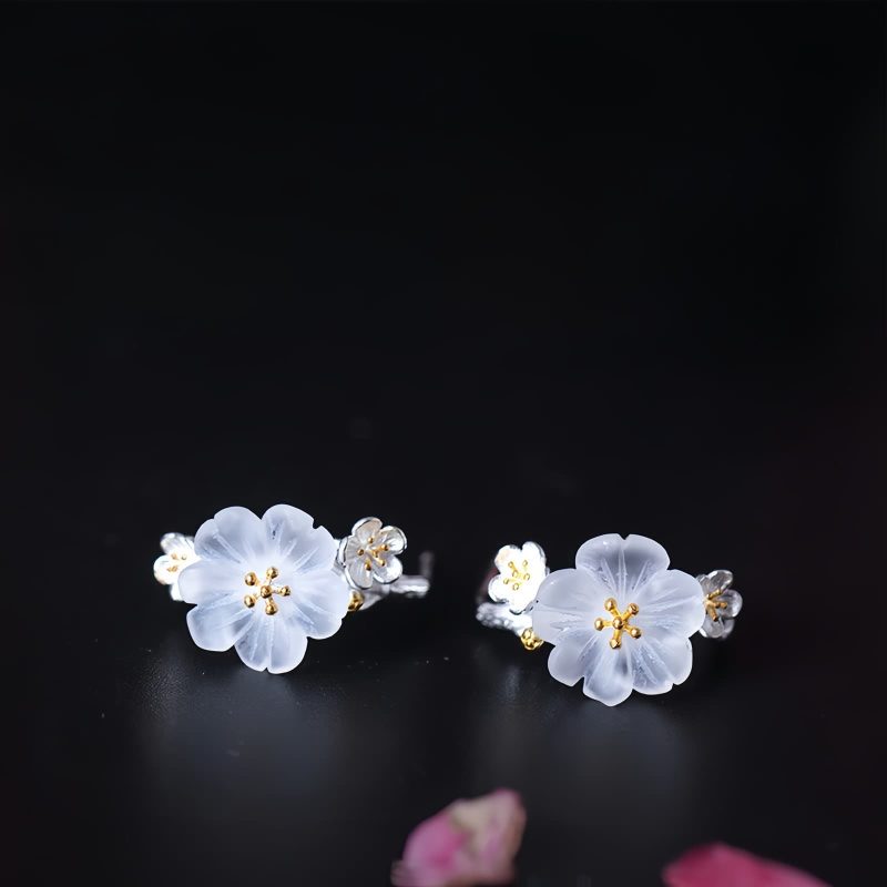 Aretes de Flor de Ciruelo de Plata 925 925 Silver Plum Blossom Blessing Earrings