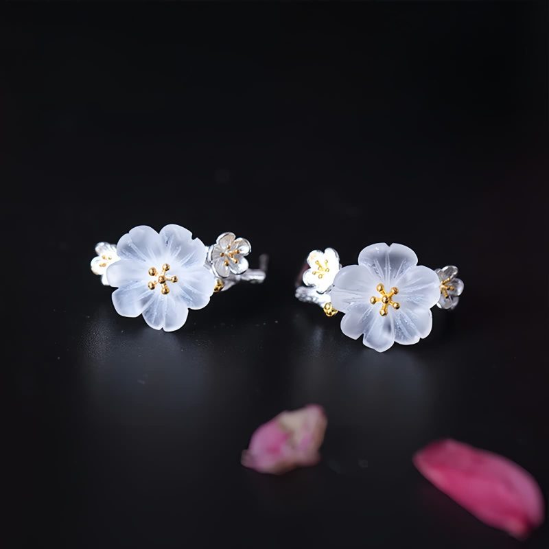Aretes de Flor de Ciruelo de Plata 925 925 Silver Plum Blossom Blessing Earrings