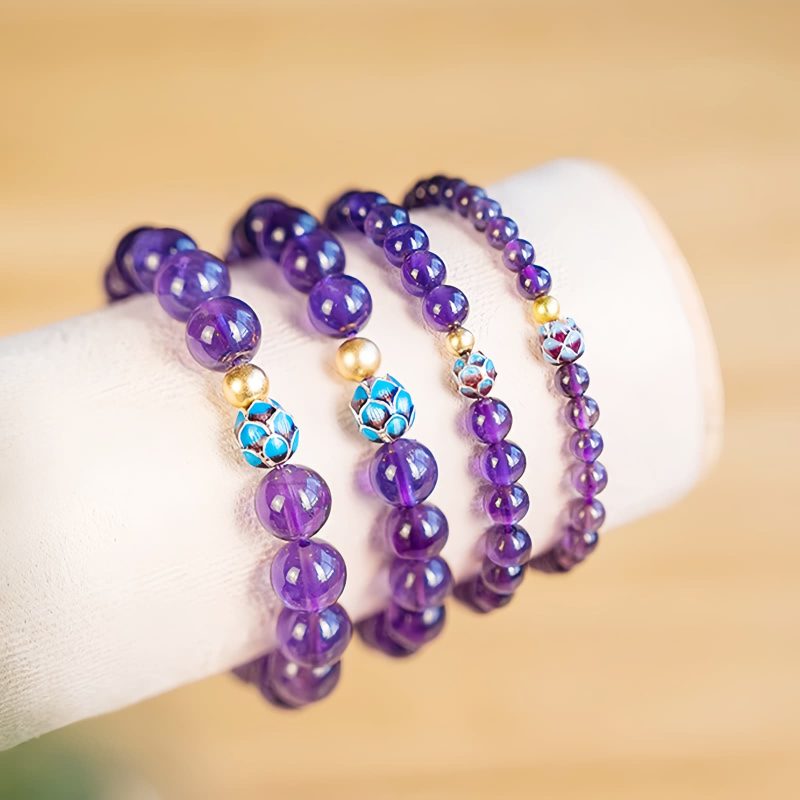 Pulseira Curativa Natural de Lótus e Ametista Natural Amethyst Lotus Blossom Healing Bracelet