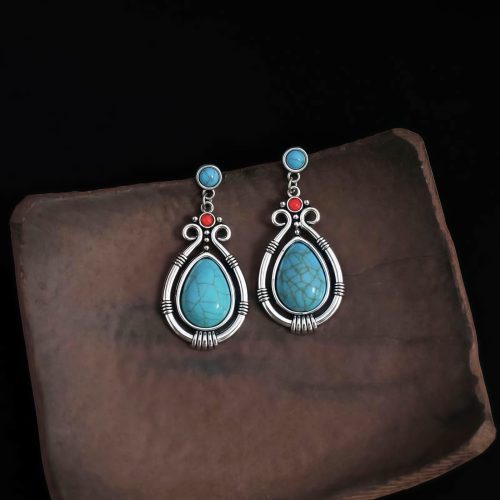 Aretes colgantes de turquesa tibetana en forma de gota de agua Aretes colgantes de turquesa tibetana en forma de gota de agua